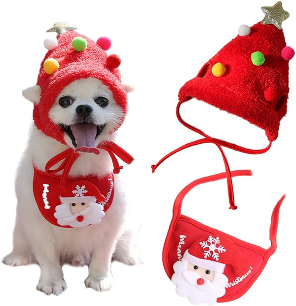 Petchain 2 Pcs-Super Cute Funny Kawaii Dog Puppy Christmas Suit Hat+ Saliva Towel Tissue Dog Christmas Costume Pet Santa Outfit